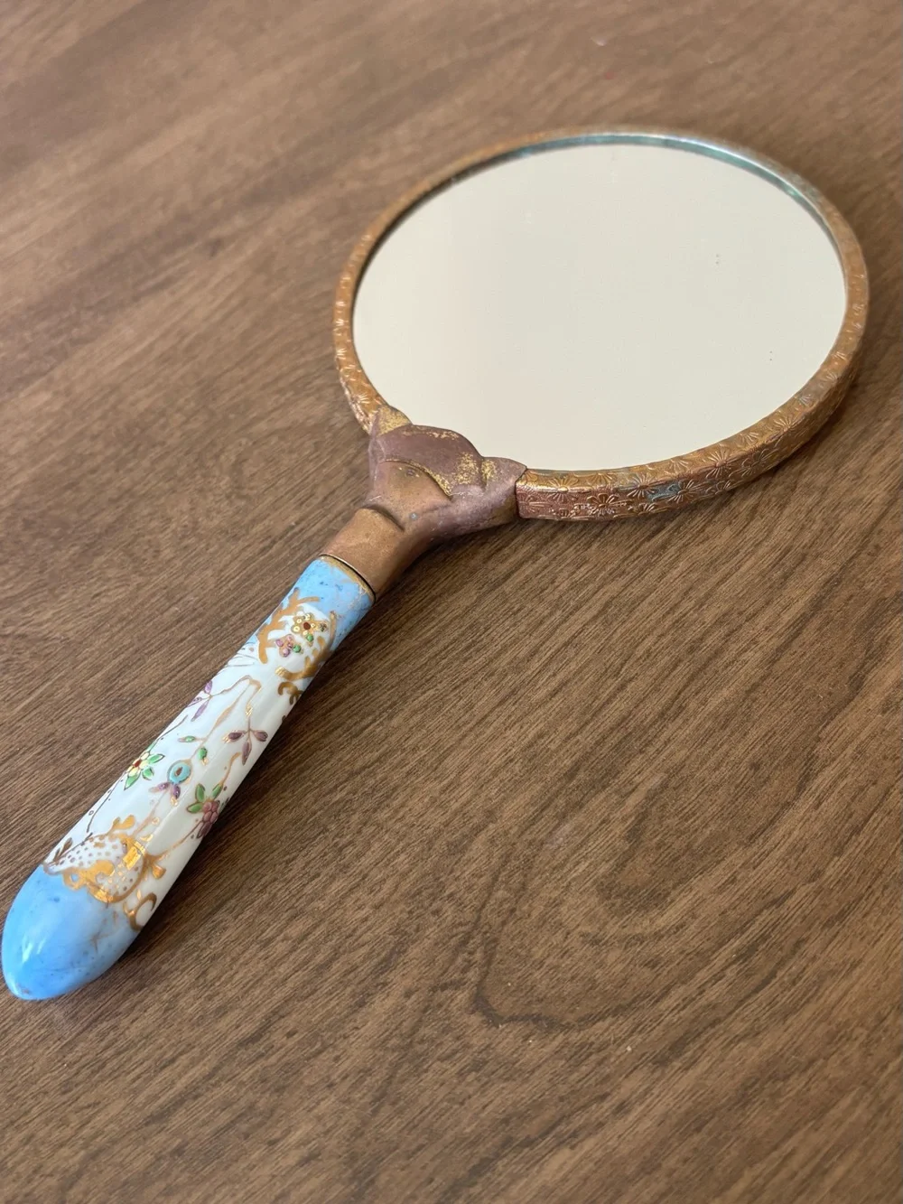 Vintage Hand Mirror with Blue Floral Porcelain Handle